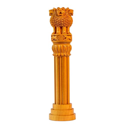 ESPLANADE Wooden Ashok Sthambh, Ashoka Stambh Stoop Pillar Statue Showpiece - Gift for Government Employees Office Table Decoration (12")