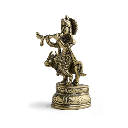 ESPLANADE Brass Krishna with Cow Gopal Kishan Thakurji Murti Idol Statue Sculpture | Pooja Idols | Home Decor (4.5" Inches)