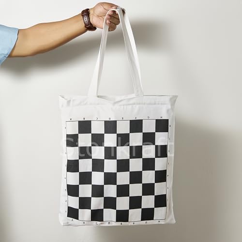 Stonkraft Roll-up Chess Board with Chess Pieces – Dual Purpose Portable Chess Mat & Cotton Tote Bag with Chess Board Print to Play Chess Anywhere | (White) (with Chess Pieces)
