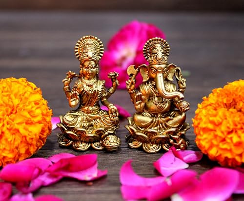 Esplanade Small Superfine Brass Laxmi Ganesh Idol Set – 5 cm Miniature Intricate Brass Figurines Murti for Diwali Pooja Home Temple