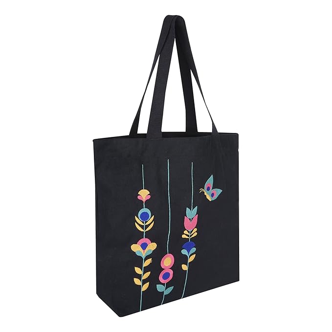 SKAPADORO Canvas Big Zip Handbag Tote,100% Cotton, Inner pocket, Unisex Embroidered Comfortable Bag for Travel Office Beach Shopping, Easy to Wash Trendy Everyday Shoulder Bag