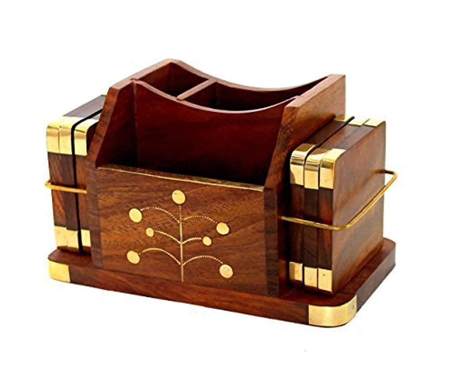 StonKraft Wooden Rosewood Desk Organizer, Coasters Set, Pen Stand, Business Card Holder With Brass Work (Office Table Accessories) - Desk Organizer - Coaster
