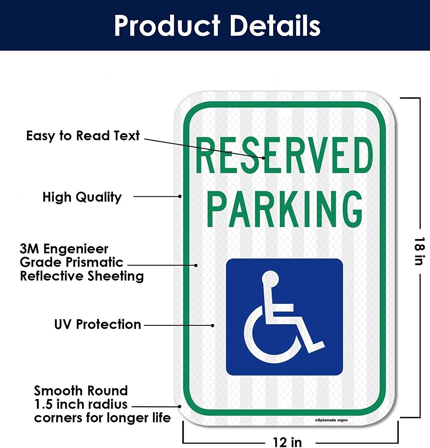 eSplanade Handicap Reserved Parking Self Glowing Retro Reflective Sign Sticker Decal - Easy to Mount Weather Resistant Long Lasting Ink - (Size -12"x18")