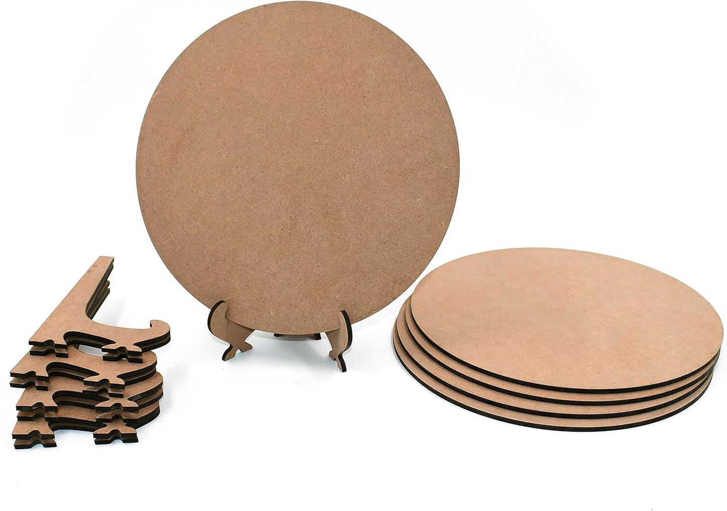 IVEI Round Plate with Foldable Stand - Set of 2 & SET of 5- MDF Plain Round Art Board with Stand for Painting Wooden Sheet Craft - for Decoupage MDF Plains, Resin Artwork & Decoration (Round)