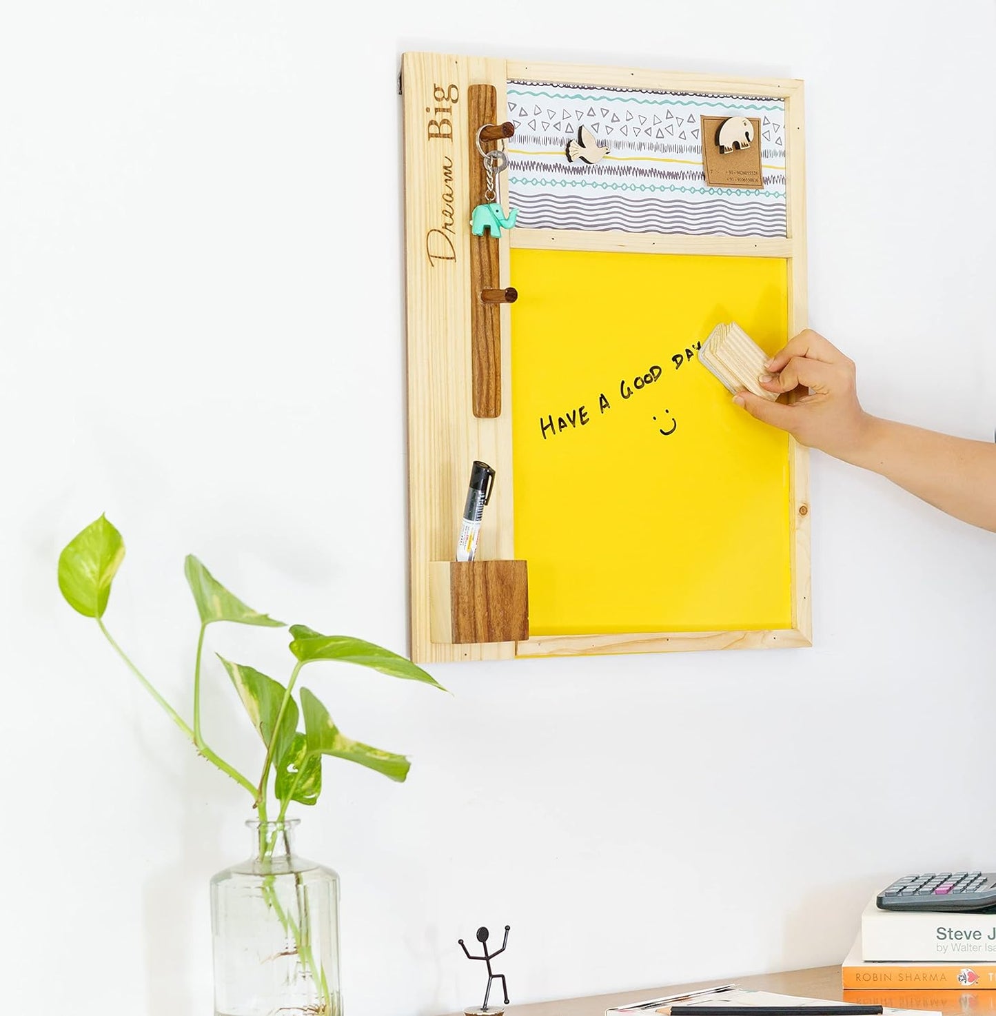 IVEI Dry Erase Yellow Board with Magnetic Board, Pen stand and Key Hooks| Mutli Utility Combination Board for Home, Office| Utility Wall Decor | Engraved Motivational Mood Board | Hobby Board