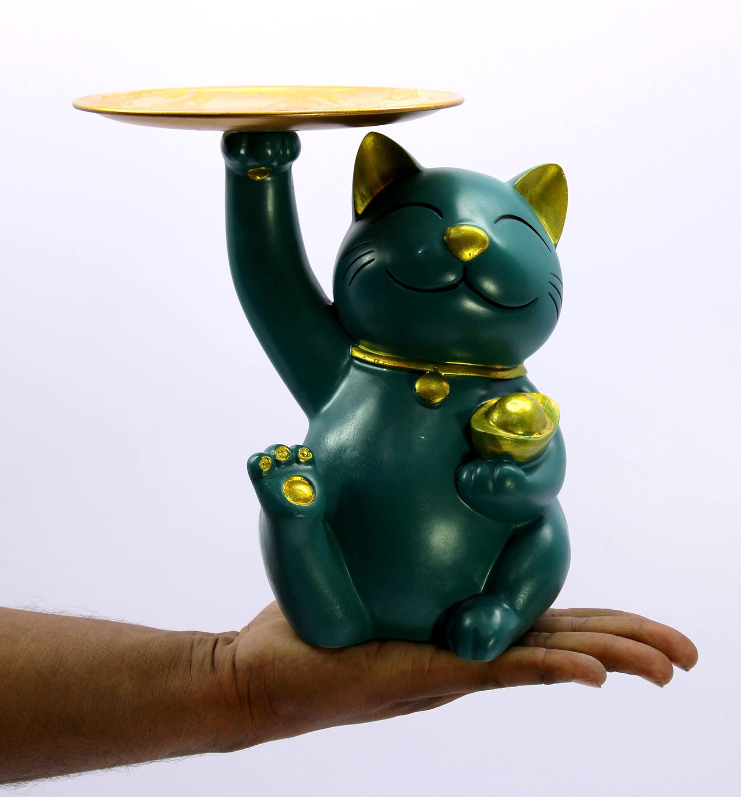 eSplanade Cat Holding Golden Plate Showpiece Statue Sculpture Figurine | Home Decor Resin - 8.5" Inches - Green-Golden