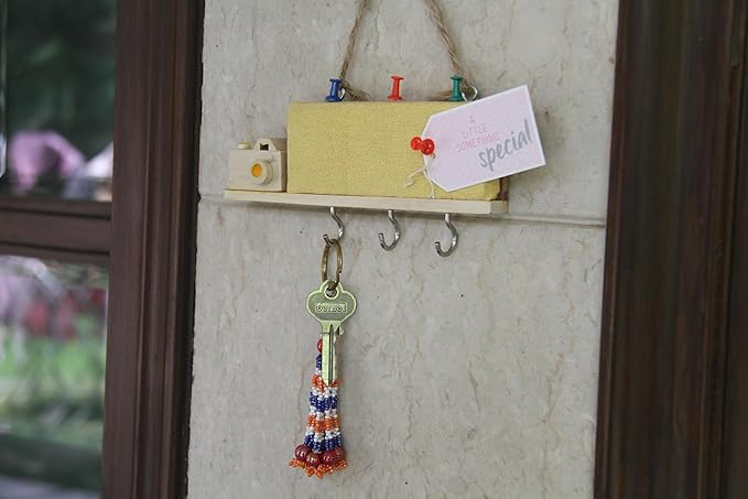 ESPLANADE Key Holder with Mini Pinboard - Stylish Wooden Key Holder with Pin-up Board - Key Organizer Wall Hooks - for Wall/Home/Office Decor with Handcrafted Camera - Yellow