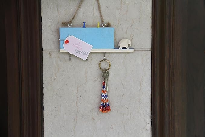 ESPLANADE Key Holder with Mini Pinboard - Stylish Wooden Key Holder with Pin-up Board - Key Organizer Wall Hooks - for Wall, Home Office Decor with Handcrafted Elephant - Blue