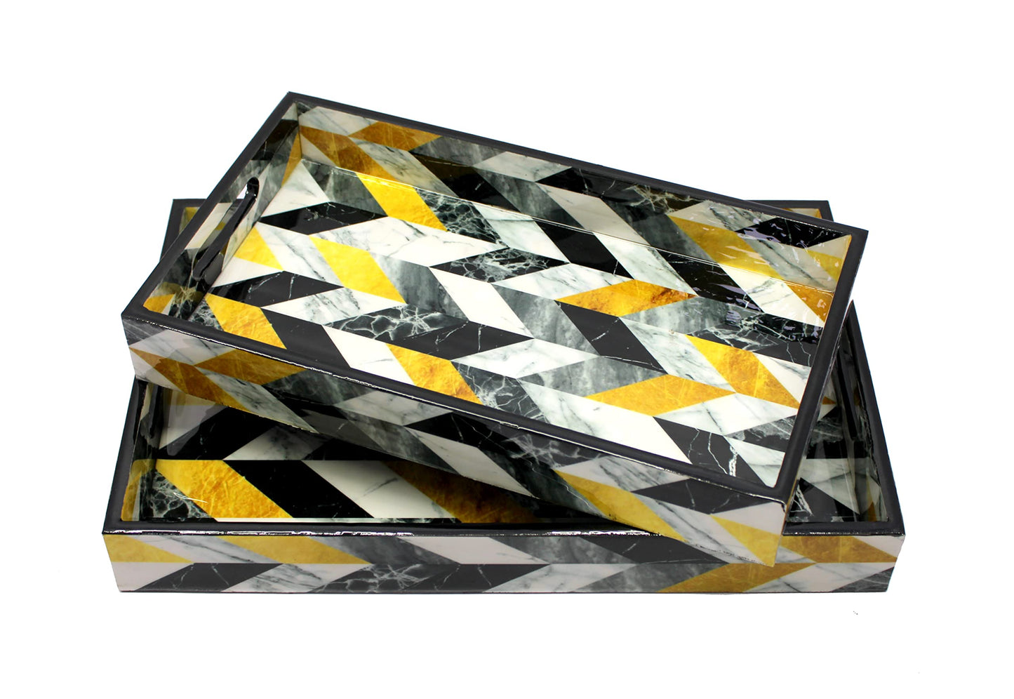 ESPLANADE Wooden Serving Trays - Set of 2 - Home Office Dining Table Multipurpose Serveware - 16" x 10" Inches - Black-Yellow
