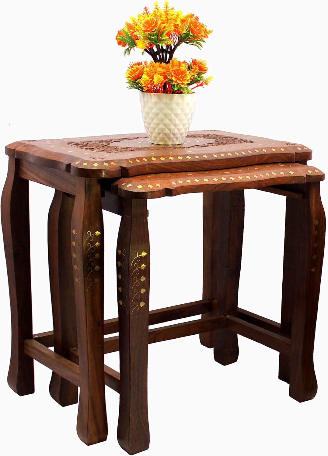 eSplanade Wooden Engraved Table Set Coffee Table for Living Room Drawing Room Dining Room - Set of 2