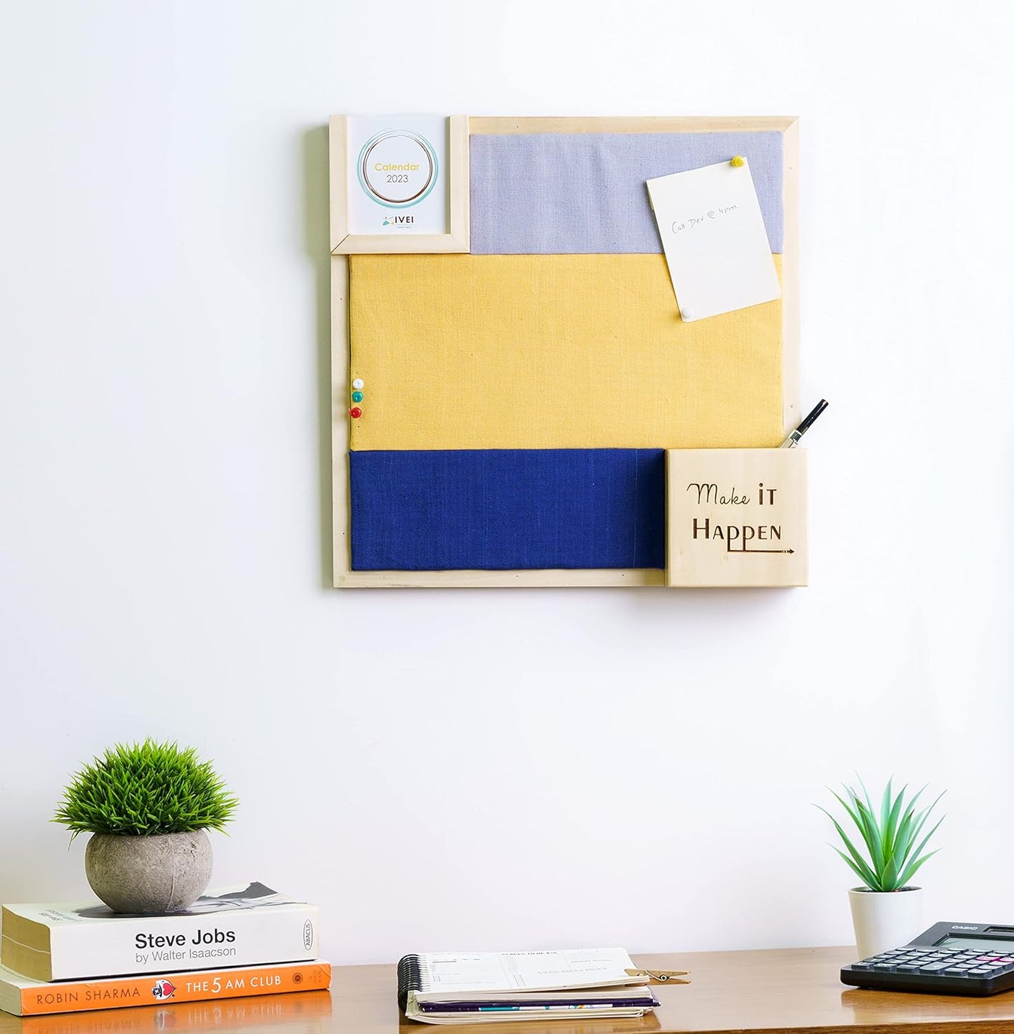 IVEI 2 Coloured Pin Board with Calendar and Pen Stand Engraved with Inspiring Words, Pin Board in 2 Colours to Organize Your Lists | Ideal for Home and Office