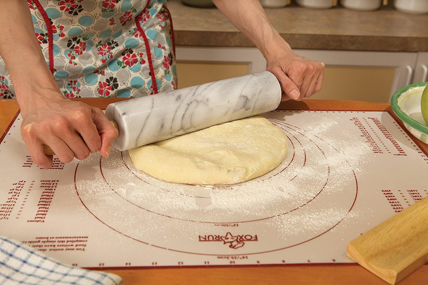 KLEO Natural White Marble 18 inches Rolling Pin with Wooden Handles and Cradle