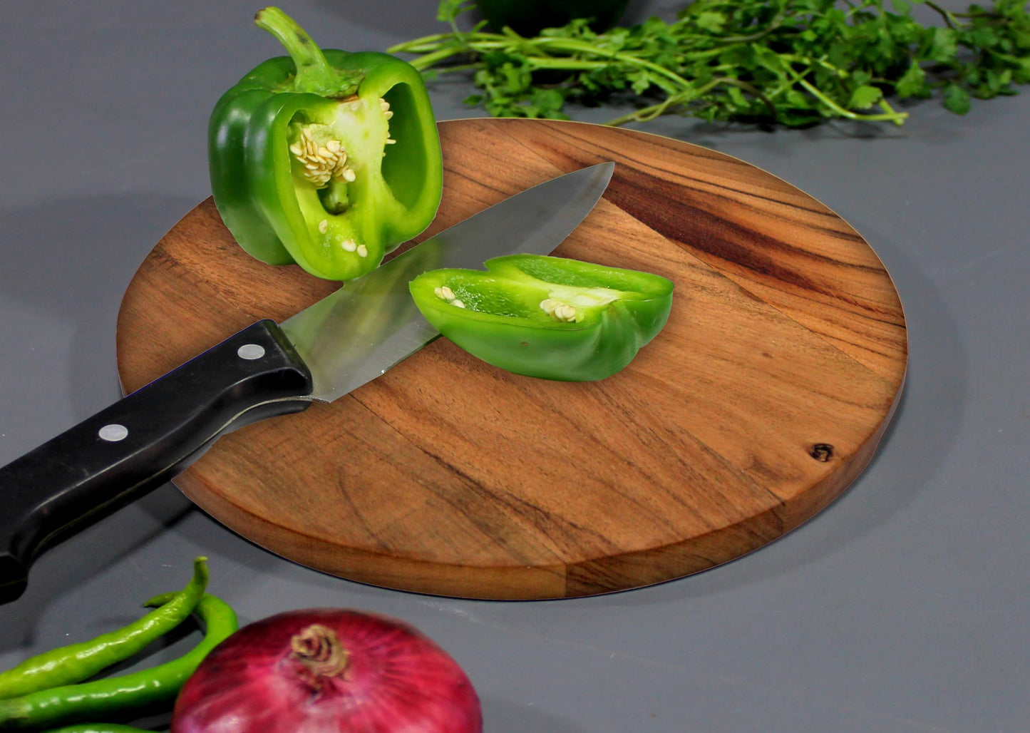 KLEO Wooden Round Chopping Board, Cutting Board, Serving Board | Acacia Wood Plate for Pizza, Vegetables, Fruits, and Cheese