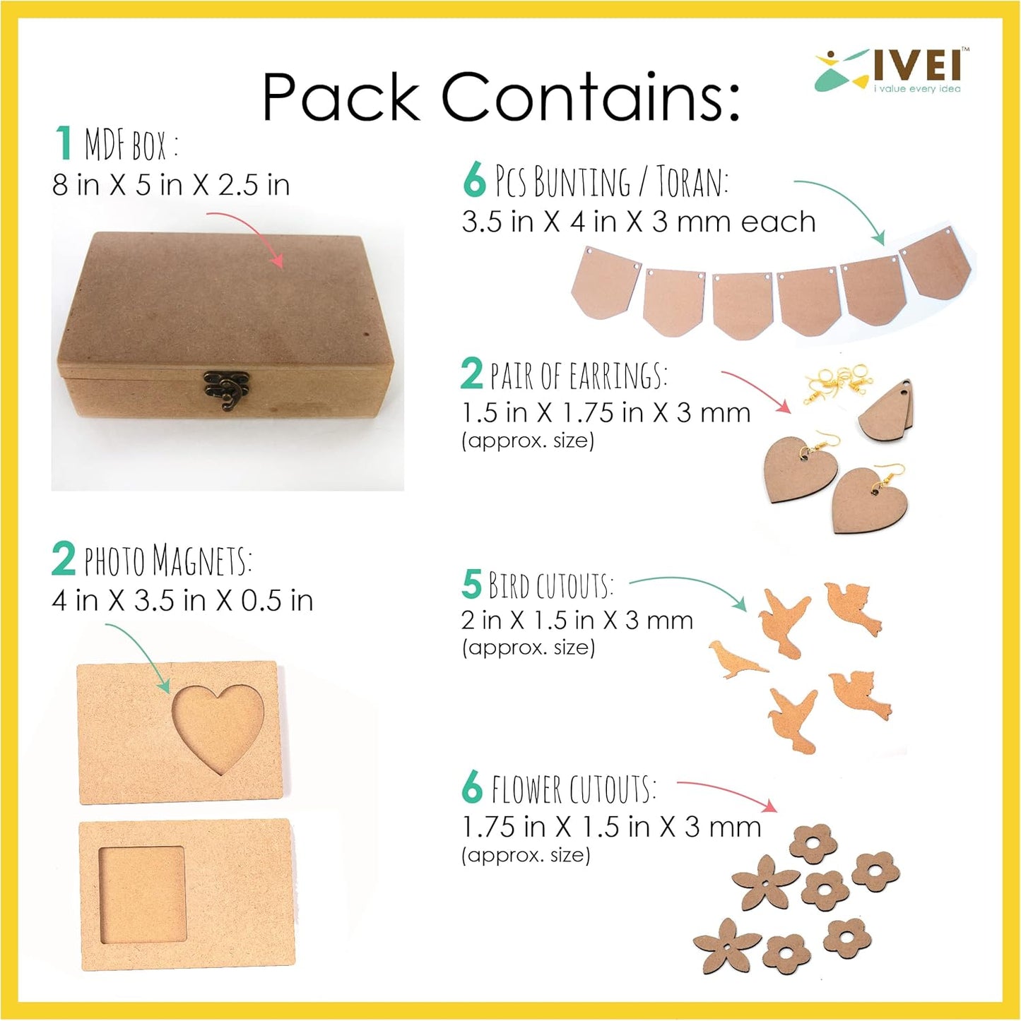 IVEI DIY MDF Box Pack with 2 Pair Earrings, Cut Outs, Toran and 2 Photo Magnet