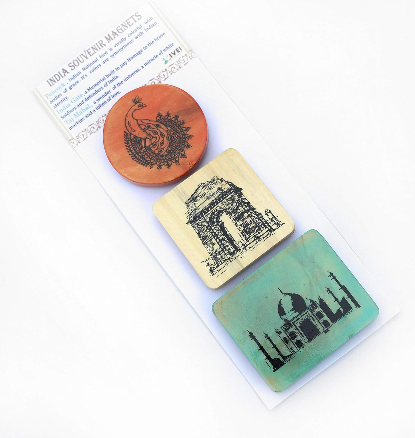 IVEI Wooden Magnets Taj Mahal, India Gate, Peacock Print, Fridge Magnet, Innovative Magnets for Home and Kitchen Decoration - Independence Day Gifts (Set of 3)