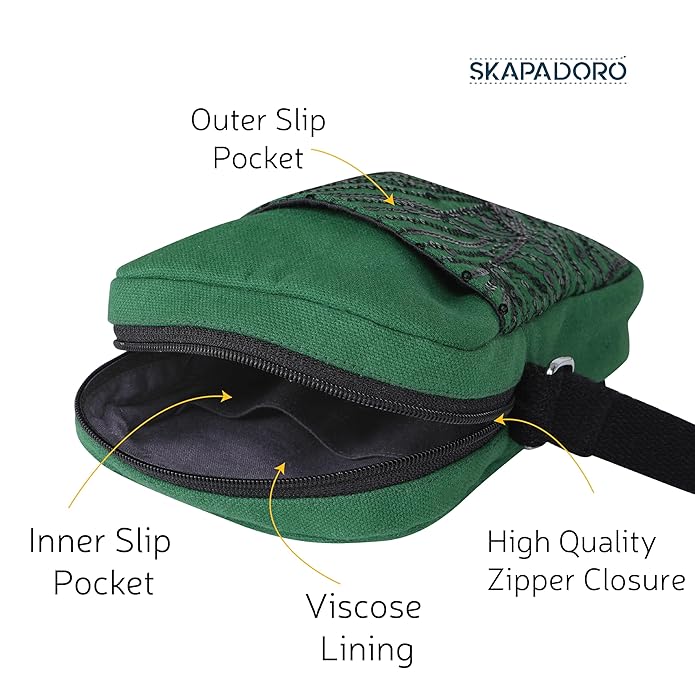 SKAPADORO Canvas Mobile Cross Body Sling Bag for Girls Women,100% Cotton, Sequence Embroidery, Zip Closure, Pocket, Adjustable Strap, Compact Everyday Bag - Bling it on (Green)