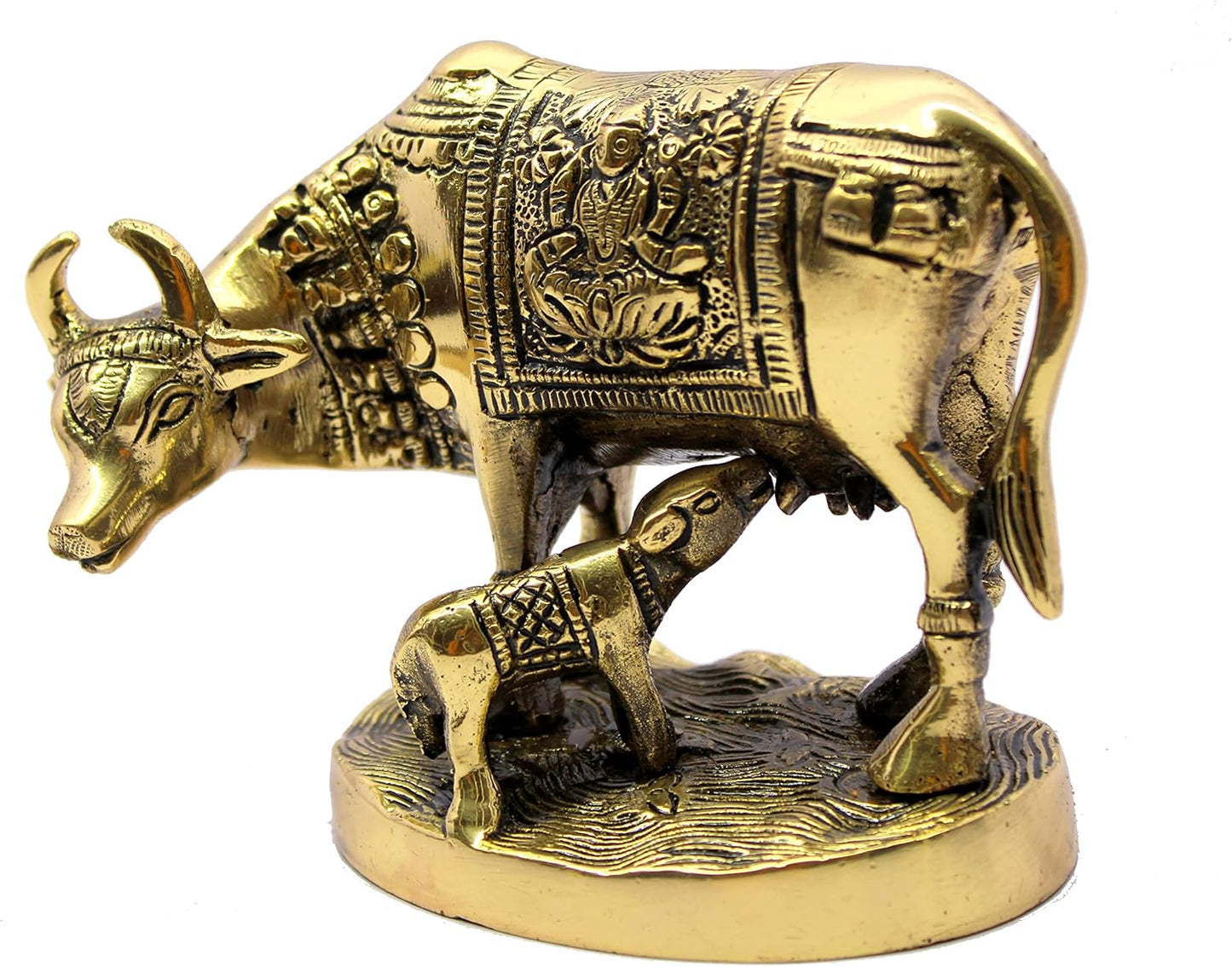 eSplanade Brass Holy Kamdhenu Kamadhenu Cow and Calf Sculpture - Lucky Figurine Idol Statue Sculpture- 6",5.5", 2.75"