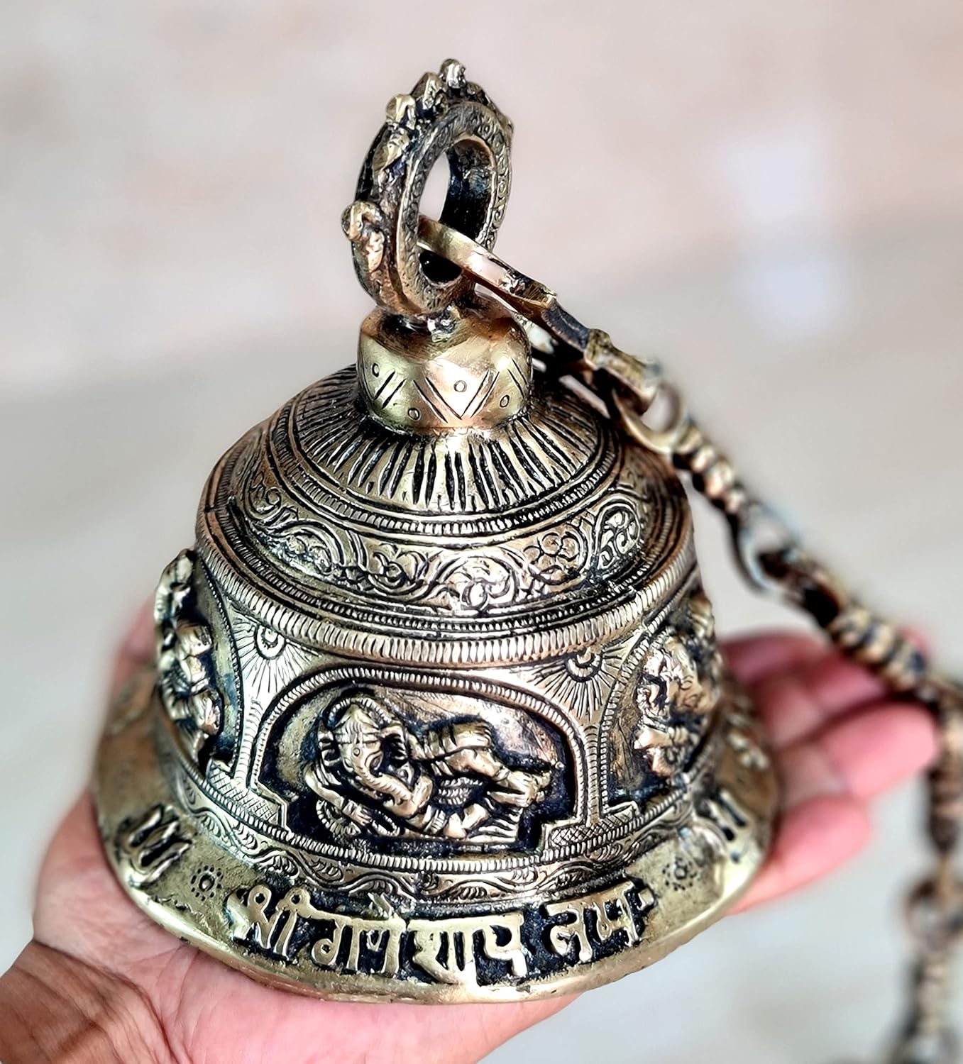 Ethnic Brass Ganesha Ganesh Temple Bell with Chain | Brass Hanging Bell | Home Decor | Pooja Accessories