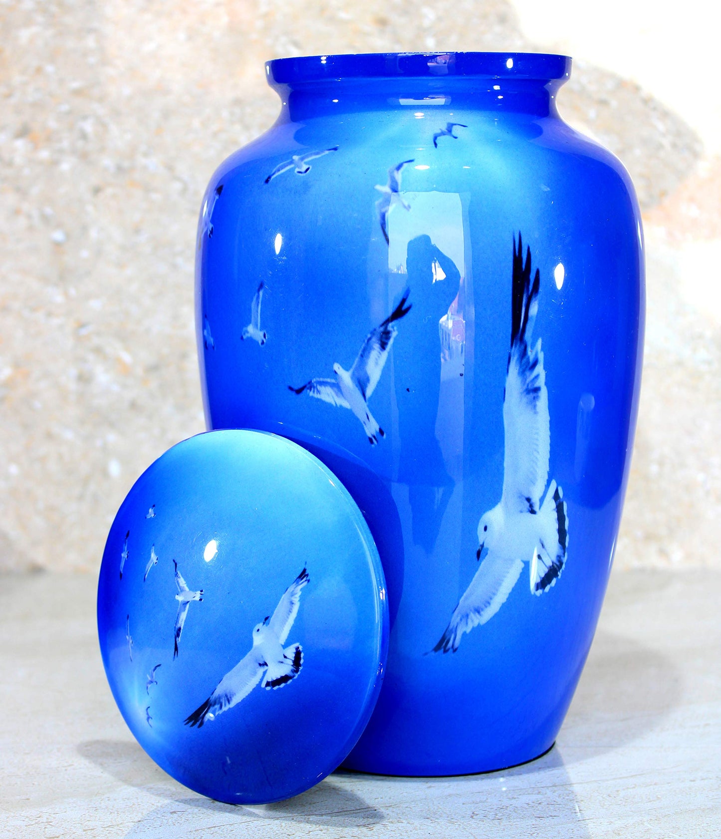 eSplanade Metal Cremation Urn Memorial Jar Pot Container | Full Size Urn for Funeral Ashes Burial | Falcon Printed Urn , Seagull Printed Urn ,White Pigeon Print | Blue - 10" Inches