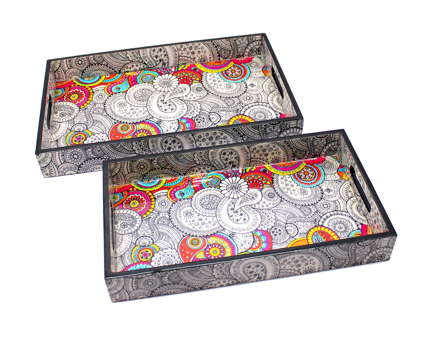 ESPLANADE Wooden Serving Trays - Set of 2 - Home Office Dining Table Multipurpose Serveware - 16" x 10" Inches - Black-Yellow