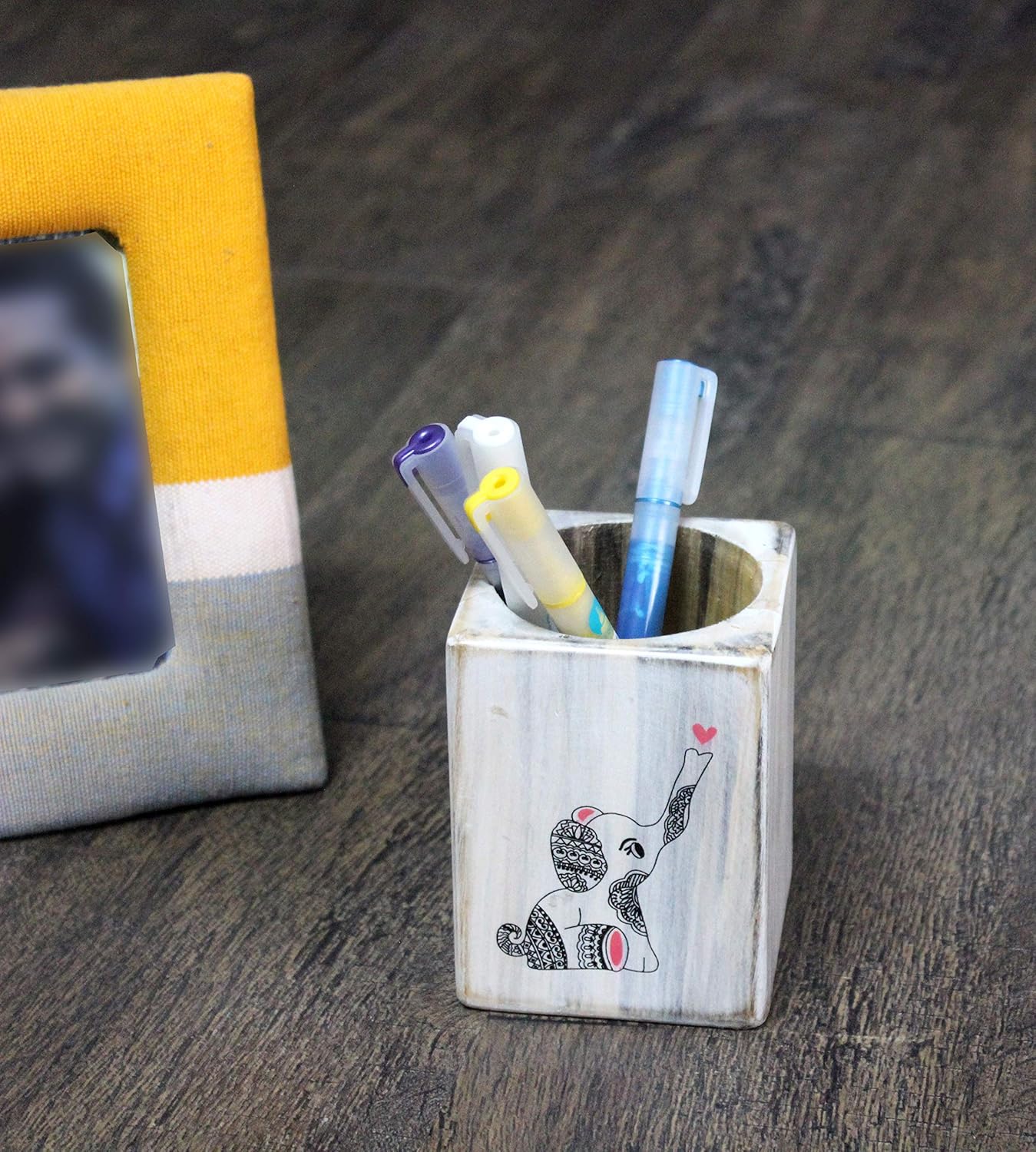 IVEI Wooden Rectangular Pen Stand - Elephant Doodle Pen/Pencil Holder - Minimalistic Office Desk Organizer - Wooden Stationery Holder for Office and Study Table - Unique Budget Gifts