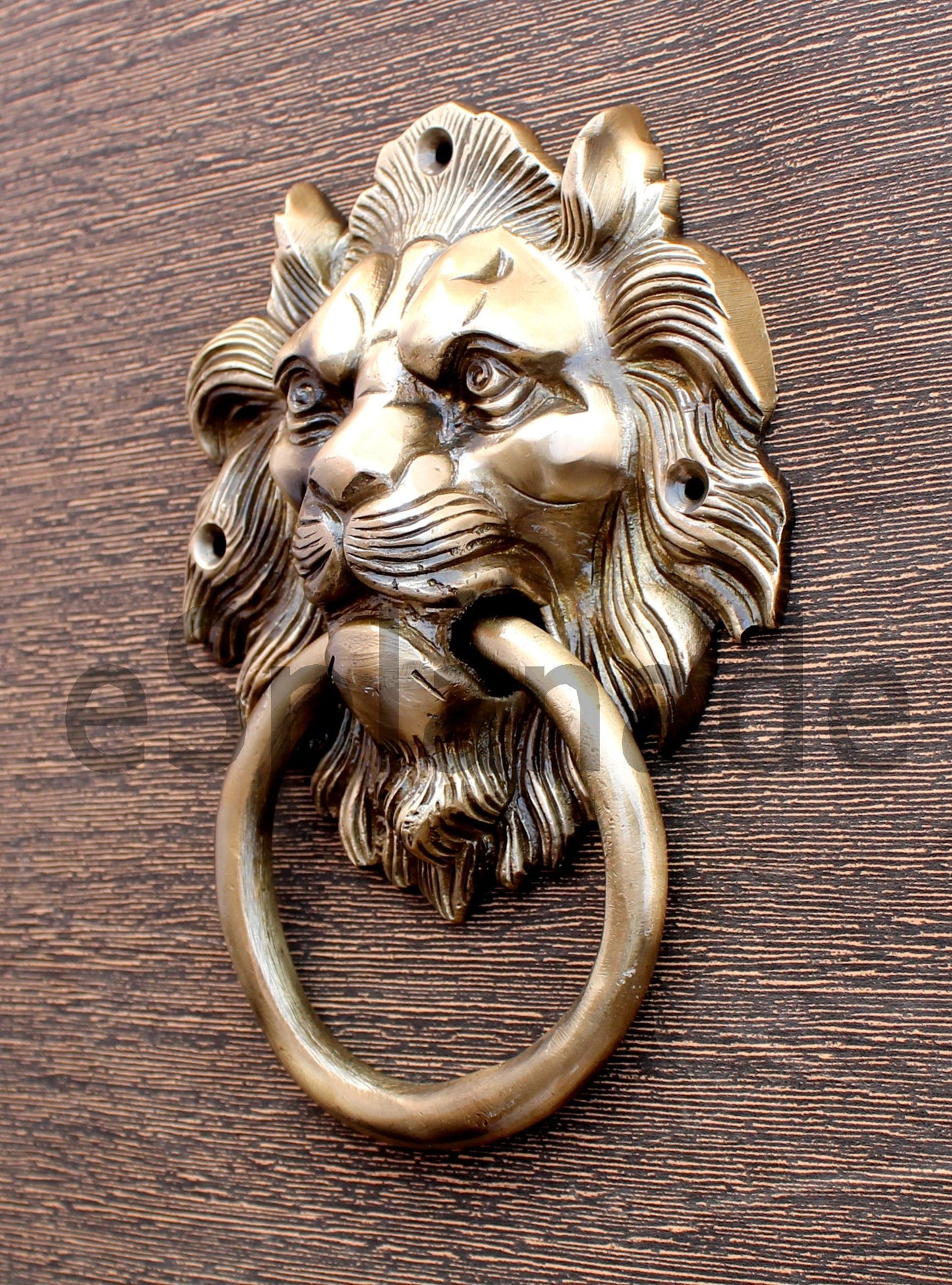 eSplanade Brass Lion Face Mouth Door Knocker, Door Accessories, Gate Knocker