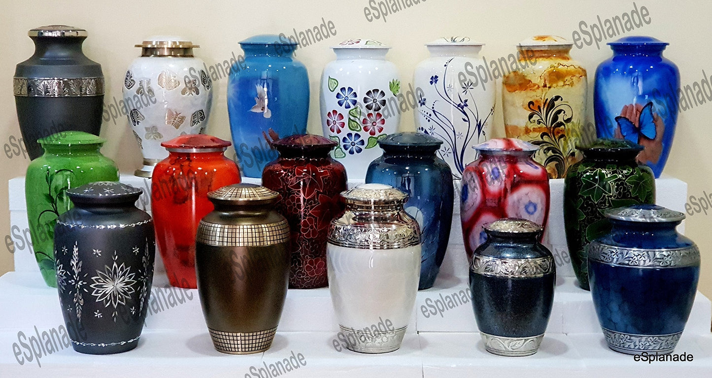 eSplanade Metal Cremation Urn Memorial Jar Pot Container | Full Size Urn for Funeral Ashes Burial | Falcon Printed Urn , Seagull Printed Urn ,White Pigeon Print | Blue - 10" Inches