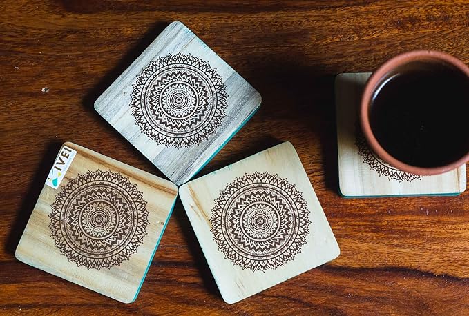 Esplanade Wooden Coasters Mandala Print - Teak Wood Table Coaster - Reversible Animal Design Set for Home Kitchen, Office Desk - for Tea or Coffee Cups - Table Top Coasters - Set of 4