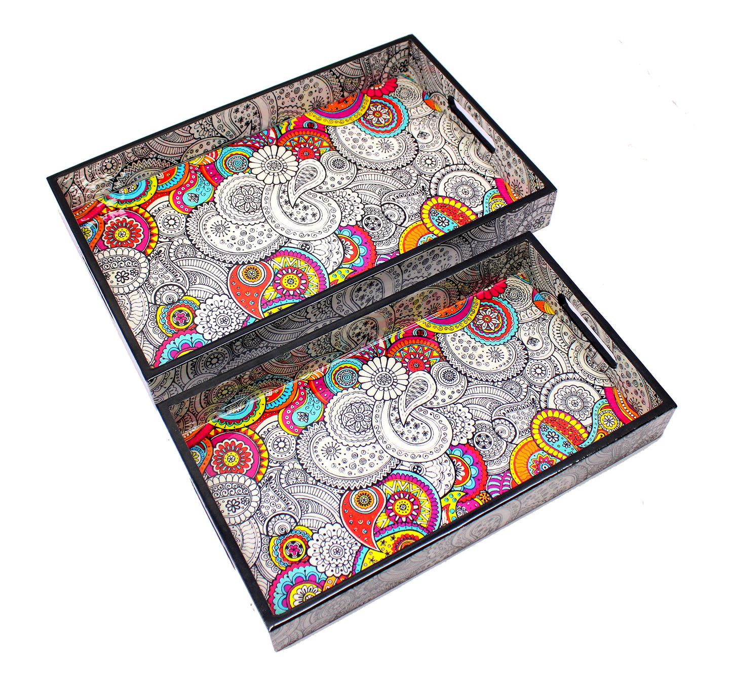 ESPLANADE Wooden Serving Trays - Set of 2 - Home Office Dining Table Multipurpose Serveware - 16" x 10" Inches - Black-Yellow