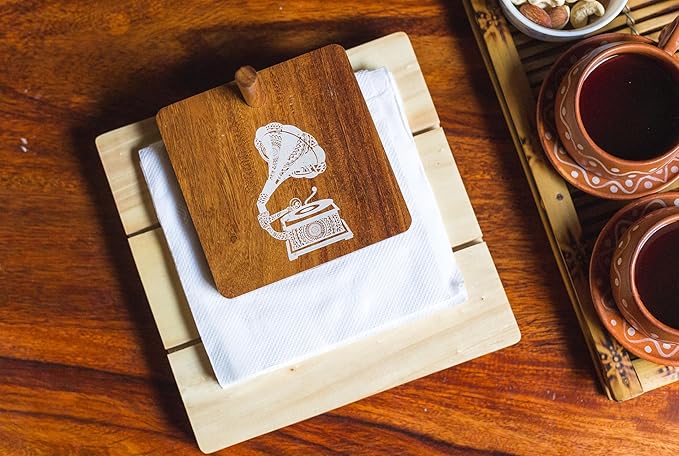 Esplanade Wooden Tissue Holder – Gramophone Print Tissue Paper Holder - Smart Napkin Holder - Antique Handcrafted Decorative Wooden Holder - Tissue Holder for Table Office and Home