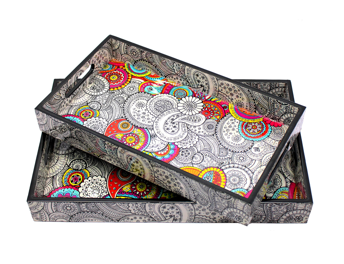 ESPLANADE Wooden Serving Trays - Set of 2 - Home Office Dining Table Multipurpose Serveware - 16" x 10" Inches - Black-Yellow