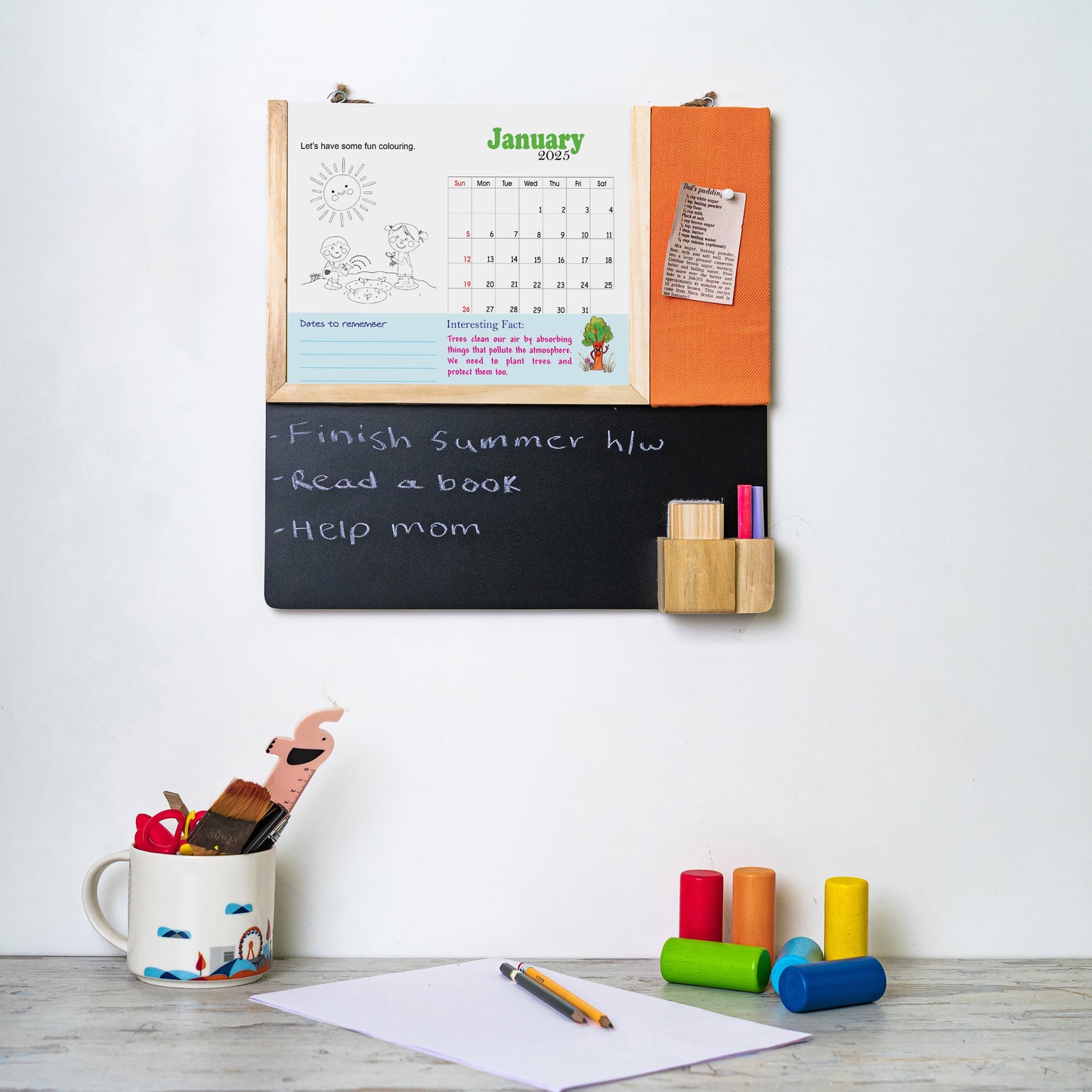 IVEI Kids Activity Calendar with Blackboard & Pin Board -Orange- Combination Board Hanging Wall with Calendar Set with Marker & Duster Holder - Innovative Gift for Kids Room Decor, School, Home