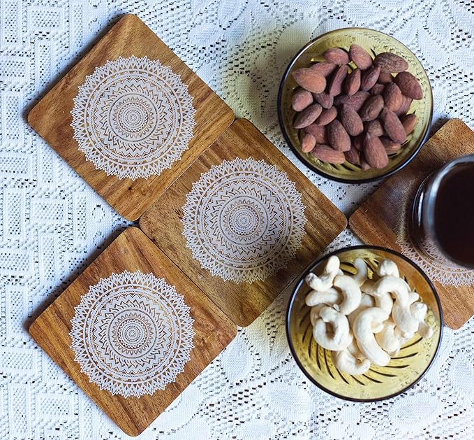 Esplanade Wooden Coasters Mandala Print - Teak Wood Table Coaster - Reversible Retro Design Set for Home Kitchen, Office Desk - Decorative Holder for Tea, Coffee Cups - Table Top Coasters - Set of 4