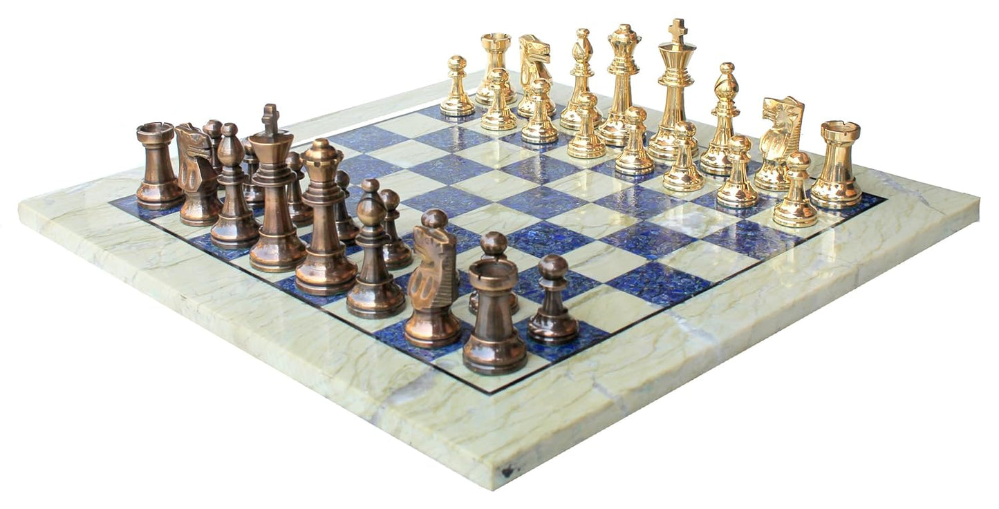 StonKraft 15" X 15" Collectible Chess Game Board Set Made with Australian Marble, Lapiz Lazuli + Brass Pieces