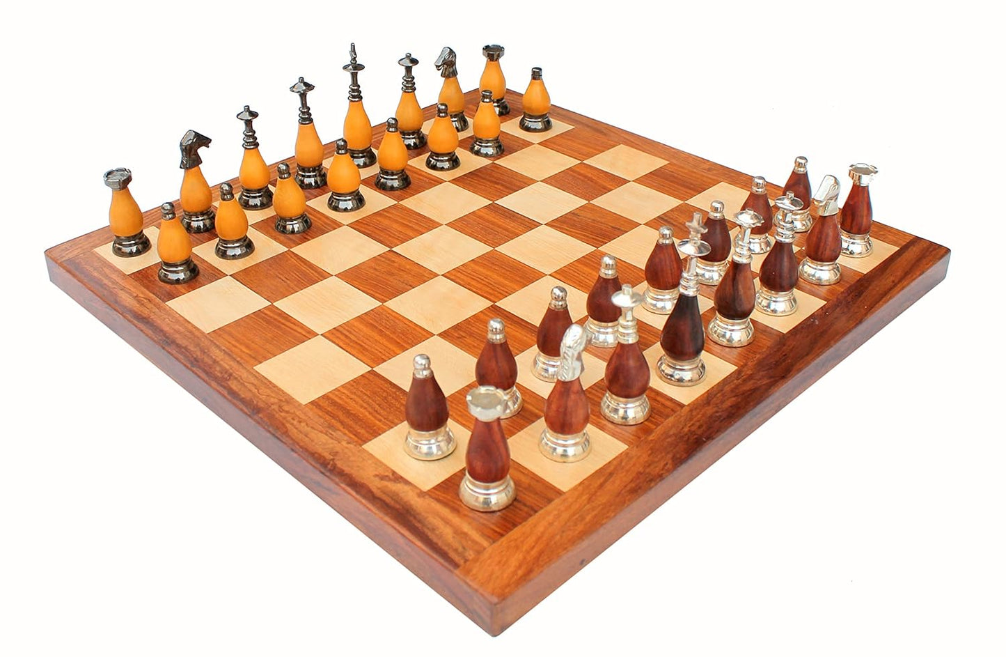 StonKraft - 16" X 16" Collectible Acacia Wood Chess Game Board Set + Brass Wooden Pieces
