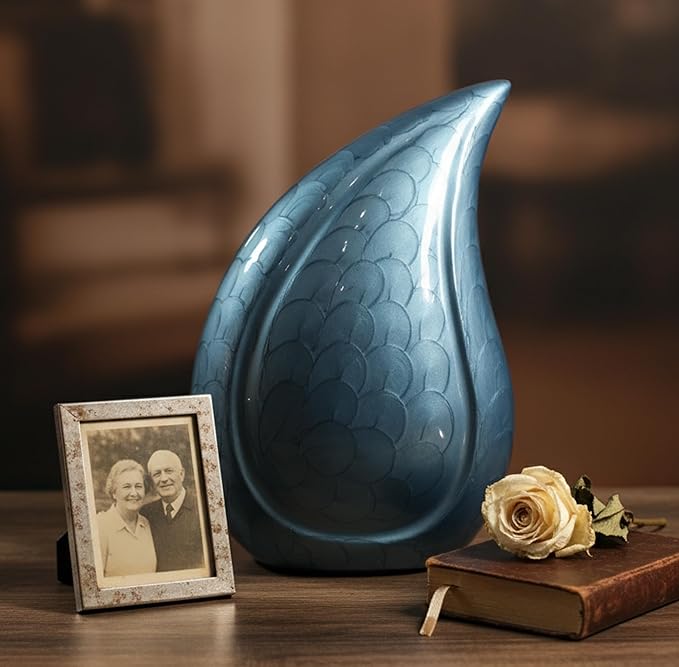 eSplanade Metal Cremation Urn Memorial Jar Pot Container | Full Size Embossed Urn for Ashes Funeral Burial | Teardrop Metal Urns | Dark Blue, Sky blue, Violet - 10" Inches