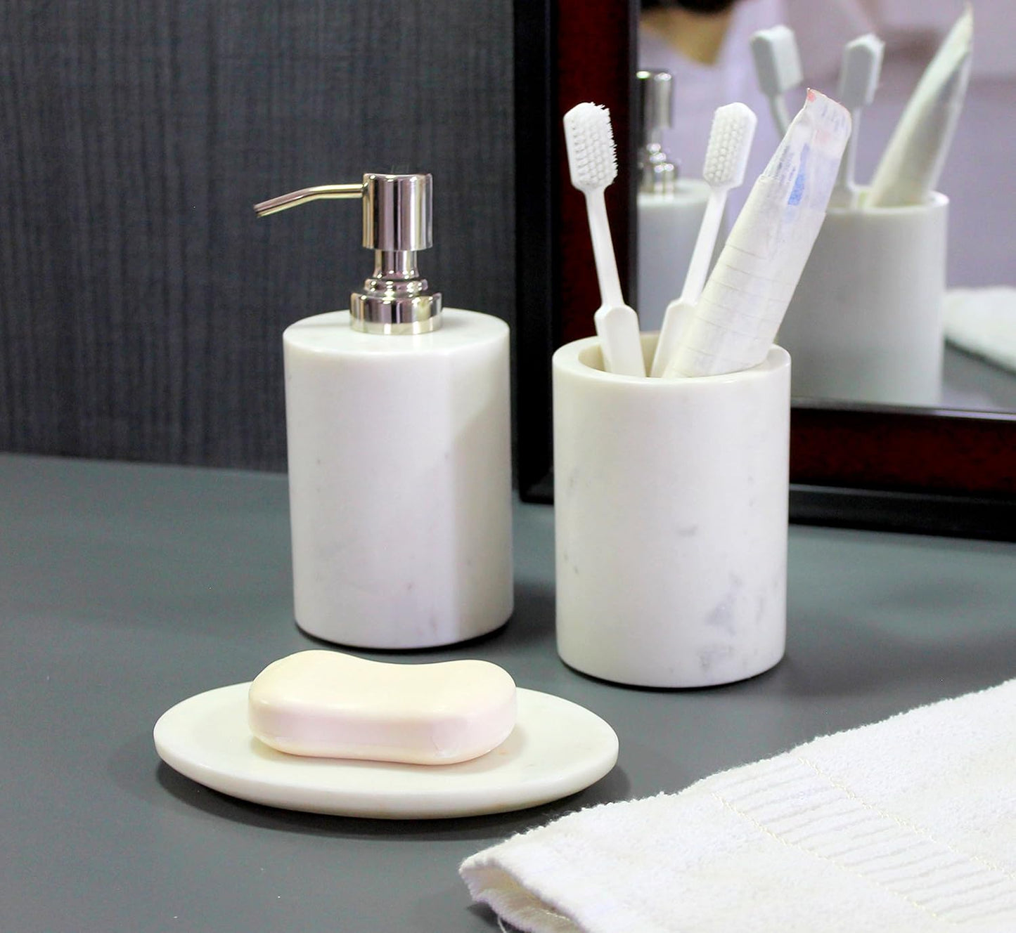 KLEO - Bathroom Accessory Set Made from Natural Stone - Bath Accessories Set Includes Soap Dispenser, Toothbrush Holder, Soap Dish (White - Set of 3)