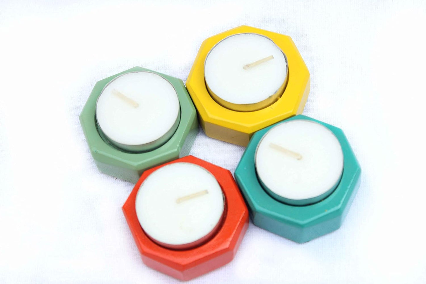 IVEI Wooden Tea Light Holder - Bright Colour Candle Holder - Attractive Candle Holder - Diya Holder for Home Décor - Dining Room, Living Room and Bedroom - Hexagon Shaped Candle Stand - Set of 4