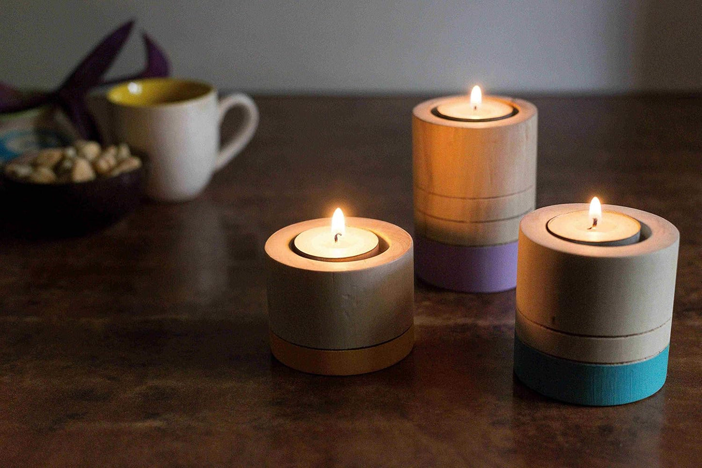 IVEI Wooden Tealight Candle Holder - Hand-Painted Round Tea Lights Candle Holder Stand - Wooden Tea Light Holder - Wooden Candle Stand for Diwali Gifts, Office, Home Decoration - Set of 3