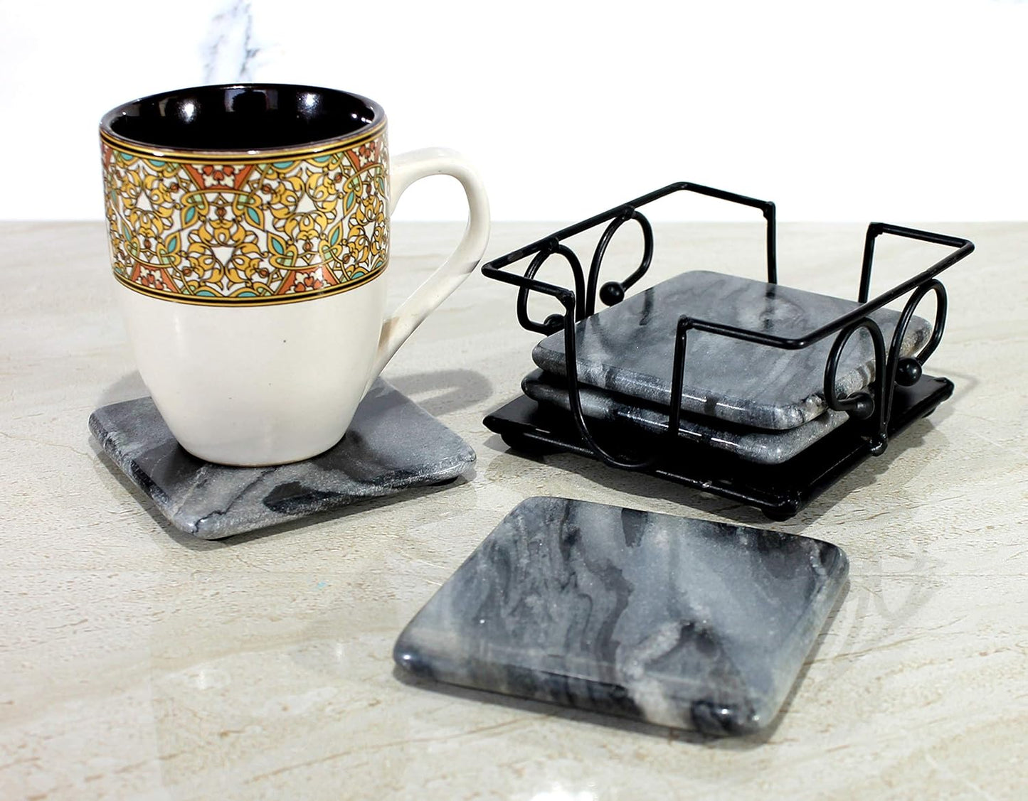 KLEO Stone Coasters Coaster Set Coasters with Wrought Iron Holder (Square) (Grey Colour)