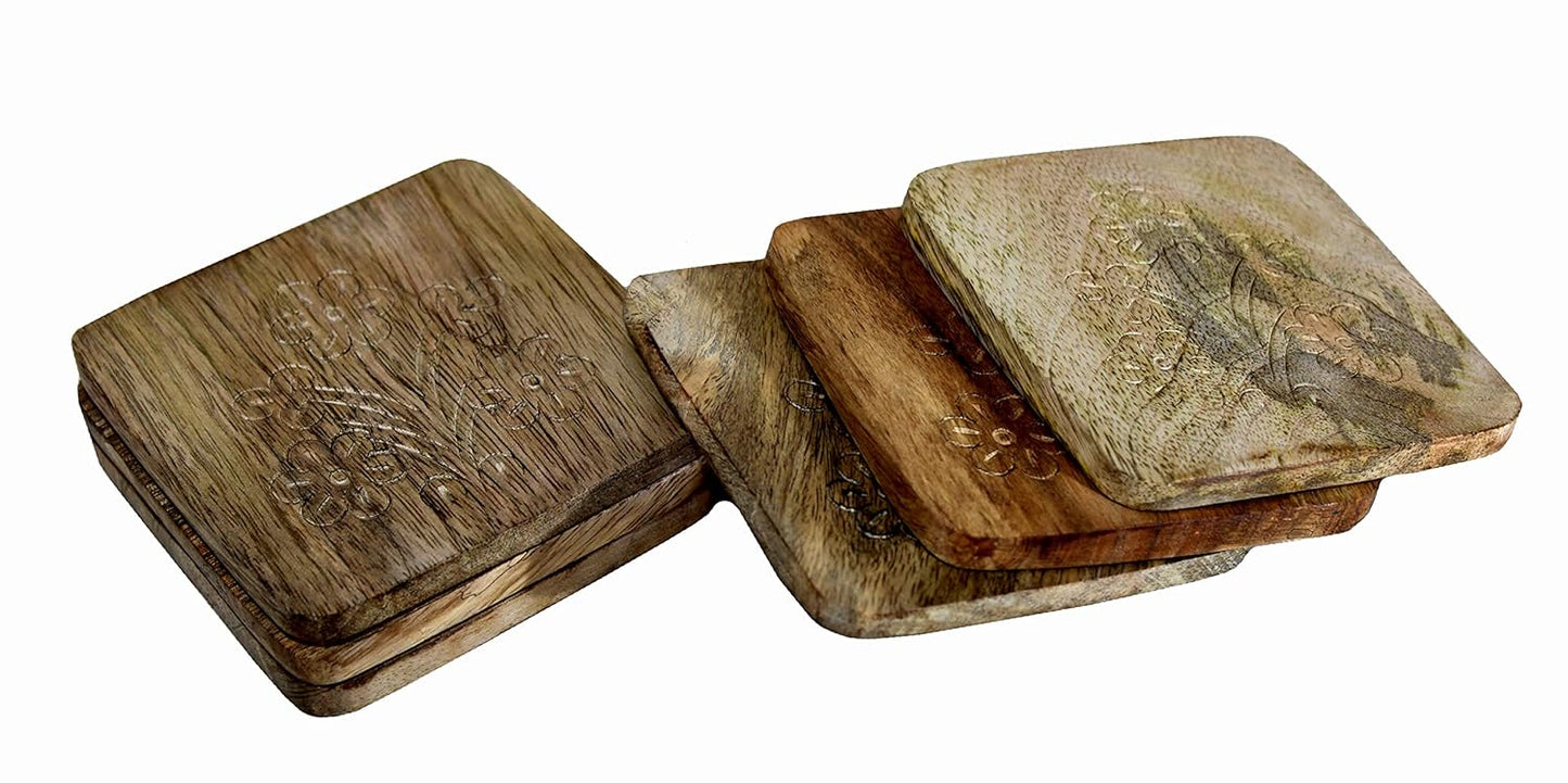 StonKraft Square Wooden Coasters for Tea & Coffee – Handmade Set of 6 | Handicraft Tabletop Decorative Coasters for Office, Home, Bar