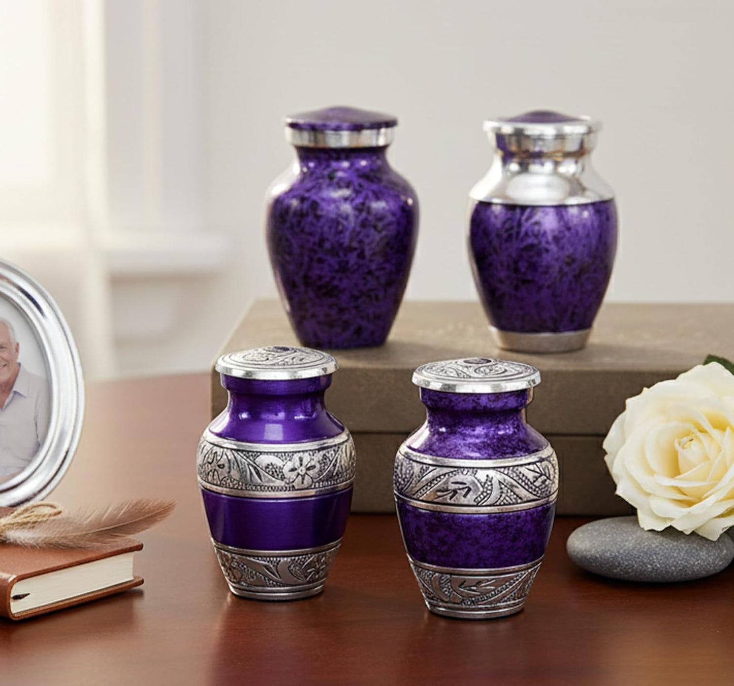 eSplanade- Cremation Mini urn Keepsake Memorial | Set of 4 Small urns for Ashes Funeral Burial Container jar Pot (Silver Carved)