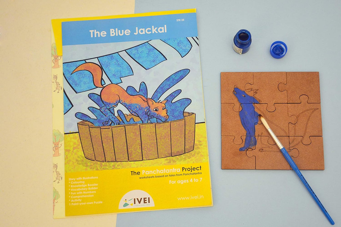 IVEI Panchatantra Kids Learning Book - Workbook and DIY puzzle of Panchatantra Story - Colouring Activity Worksheets - Creative Fun Activity and Education For Kids - The Blue Jackal - Age 4 to 7 Years