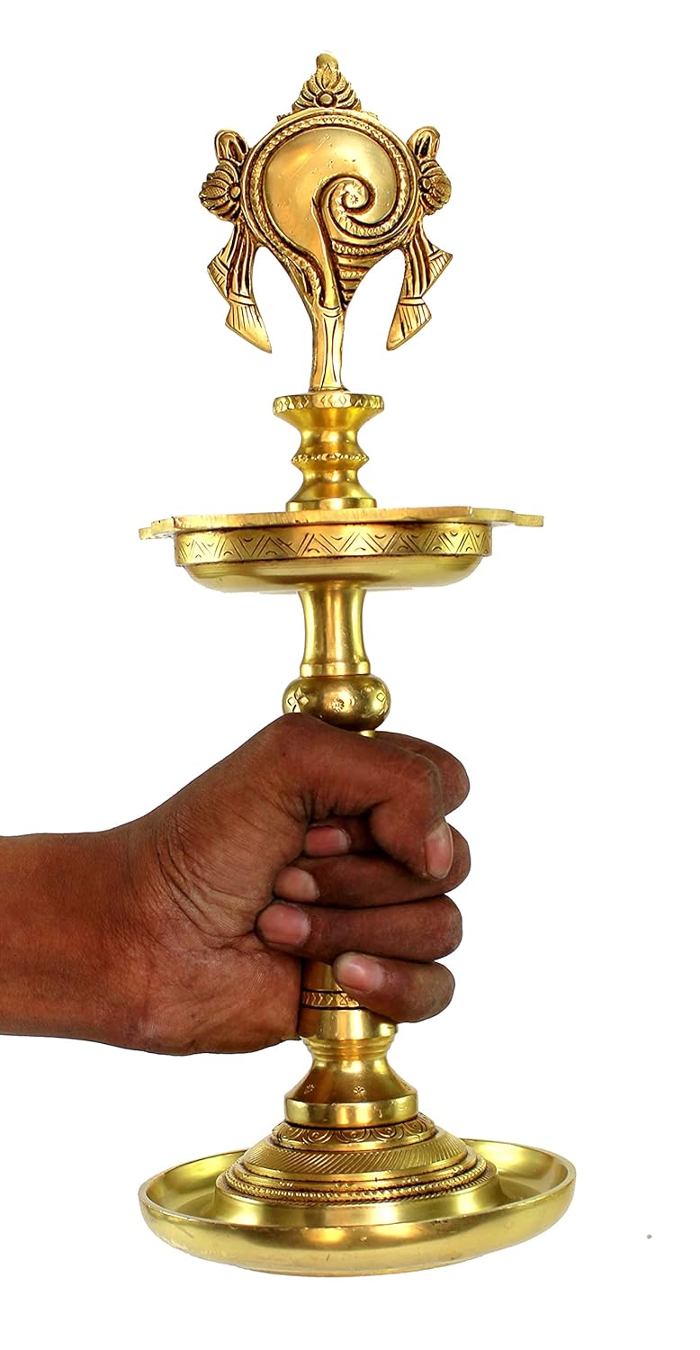 ESPLANADE Brass Oil Lamps - 13" inches | Shankh Chakra Narayan Oil Lamp Diya Deepam Brass Lamps Kuthu Vilakku