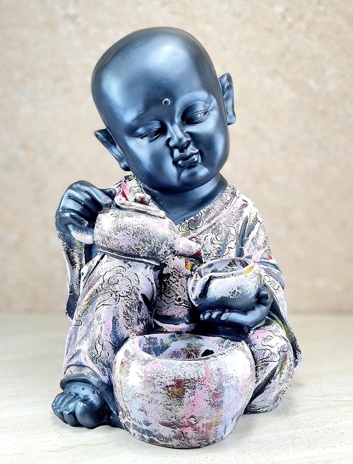 eSplanade Resin Monk Fountain Table Top Indoor Outdoor Water Fall Fountain | Home Decor - 14" Inches Black