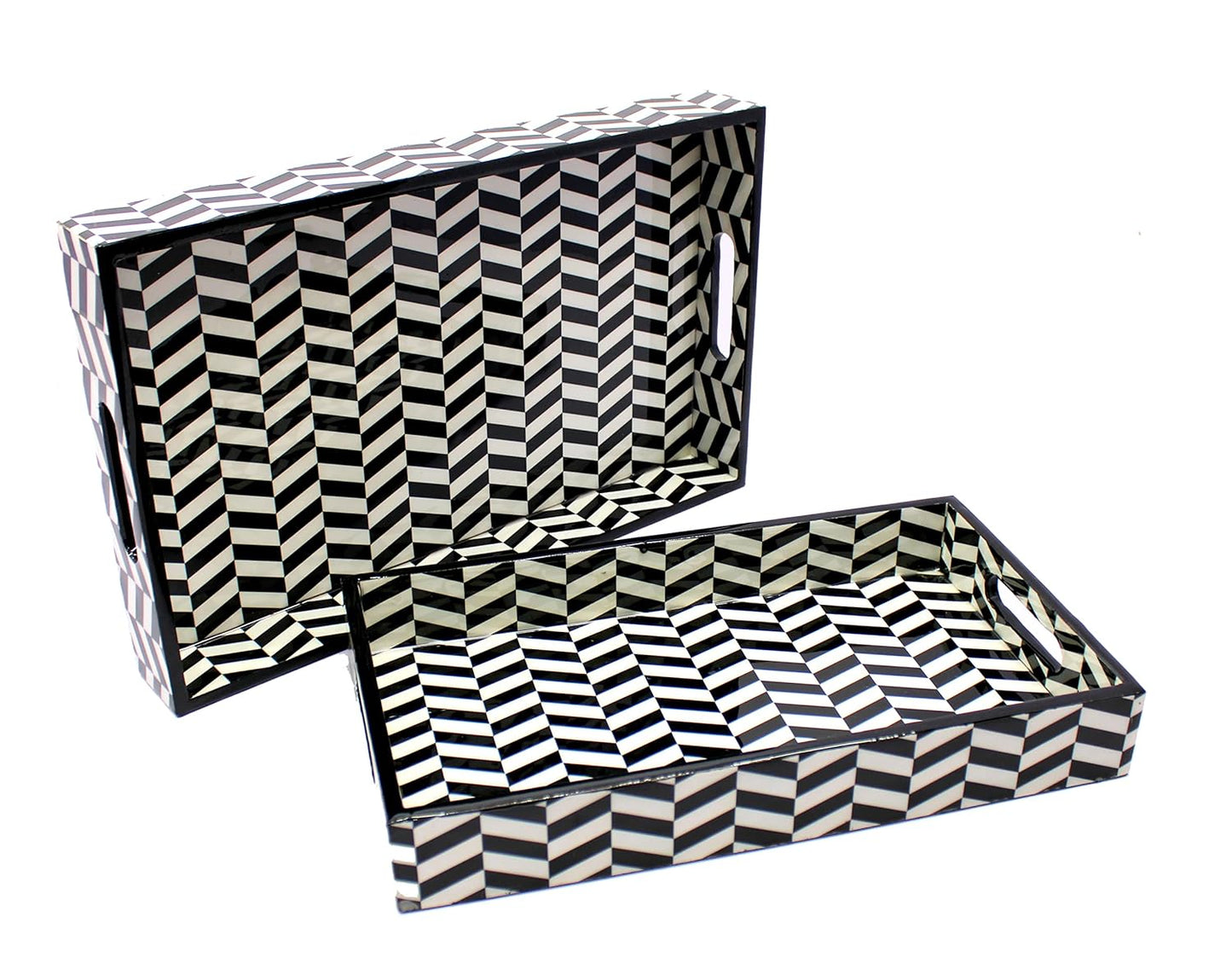 eSplanade Wooden Serving Trays - Set of 2 - Home Office Dining Table Multipurpose Serveware - 16" x 10" Inches - Black-White