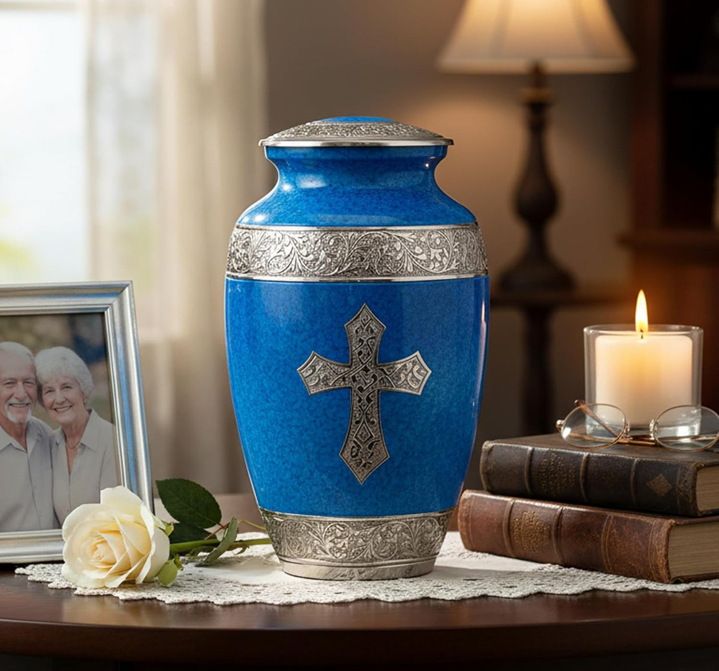eSplanade Brass Cremation Urn Memorial Jar Pot Container | Full Size Urn for Funeral Ashes Burial | Holy Cross Printed Urn | Black - 10" Inches
