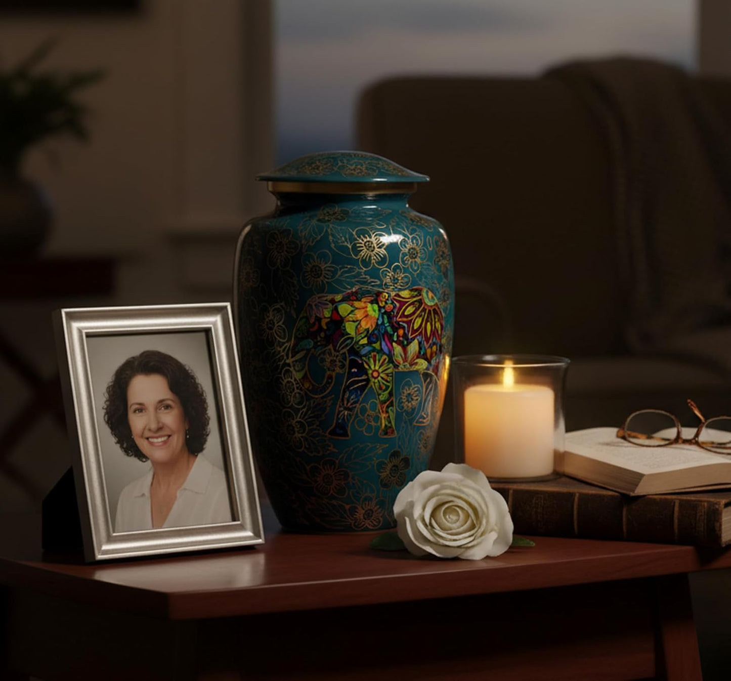 eSplanade Metal Cremation Urn Memorial Jar Pot Container | Full Size Urn for Funeral Ashes Burial | Elephant and Flowers Printed Metal Urn | Blue-Multi - 10" Inches