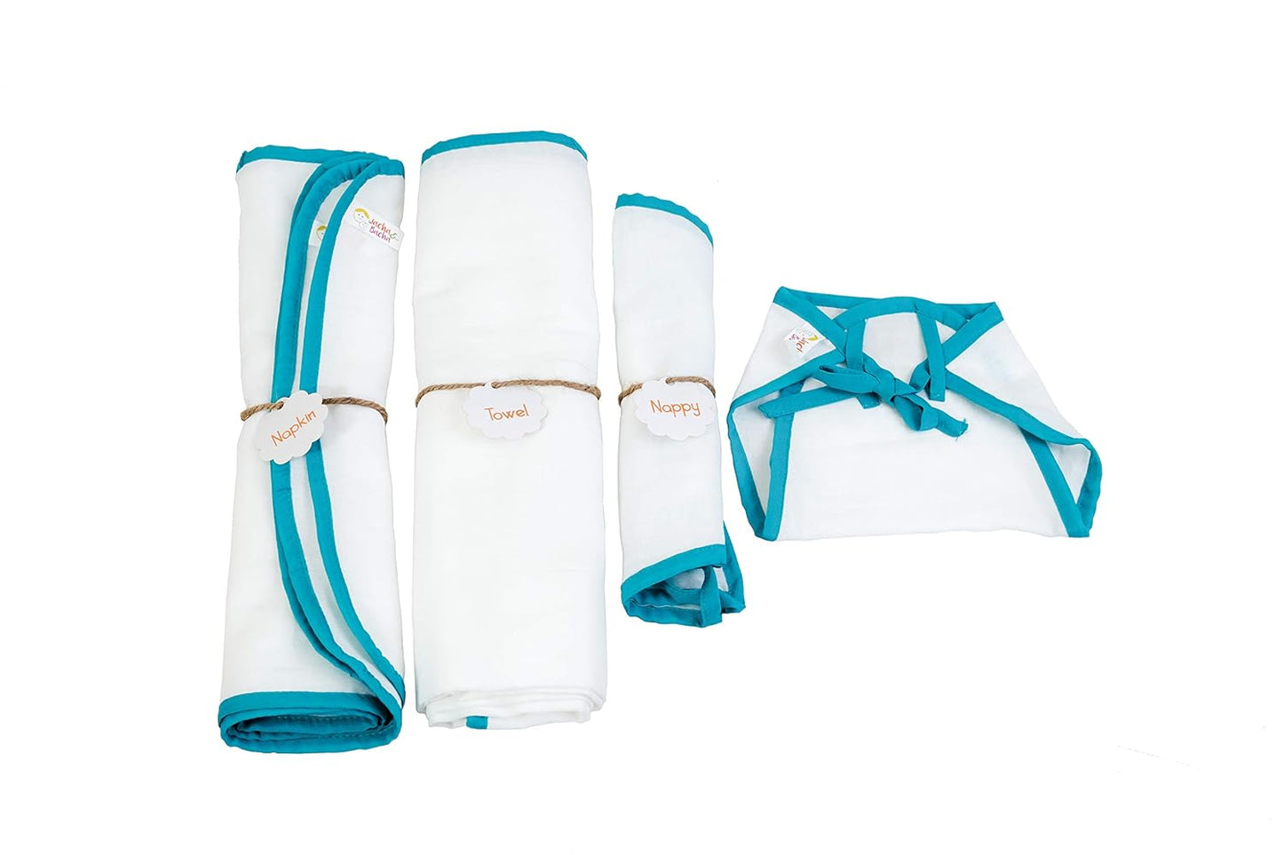 JnB Jacha & Bacha Gifts Sets for Newborns - 3 Nappies, 3 Napkins, and 1 Towel - Pure Soft Dhoti Cotton (Blue)