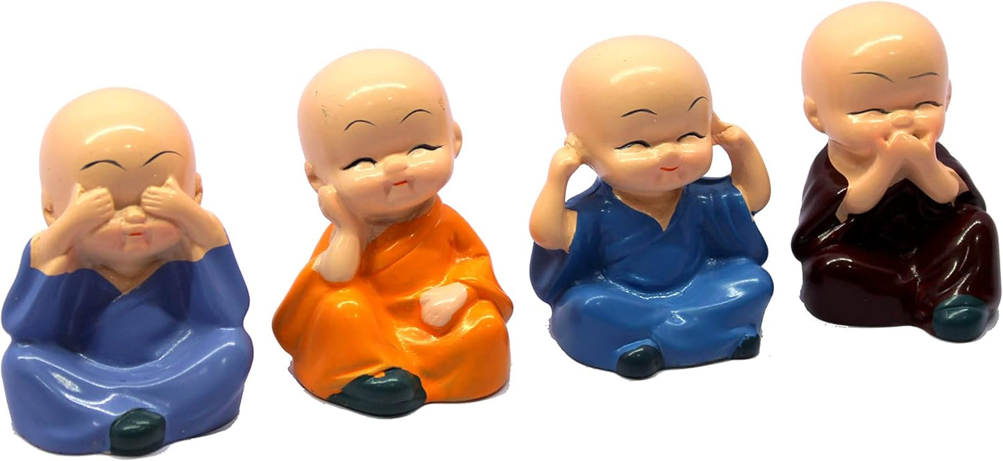 eSplanade Resin Smiling Happy Baby Buddha Monk Statues - Set of 4 | Feng Shui Monk Figurine Showpieces | Home D�cor - Car Dashboard | Multicolour - 2" Inches (Small)